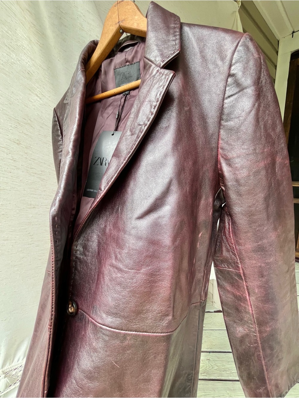 Zara 100% Leather Topstitching Coat Jacket Long Sleeves Button Up Lapel Collar - Picture 9 of 16